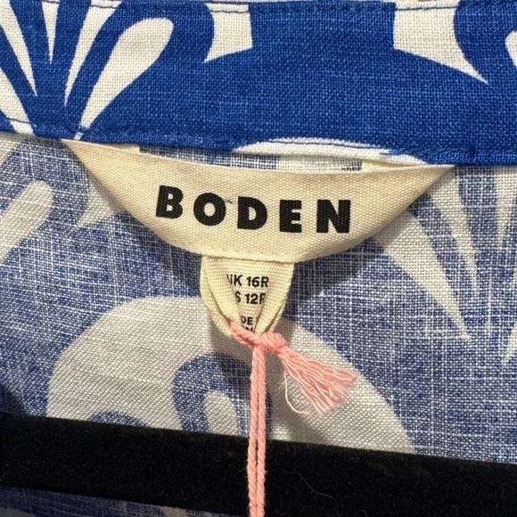 NEW Boden Blue & White Geometric Print Linen Tunic V Neck Dress‎ Sz 12R *No Belt - Picture 4 of 11